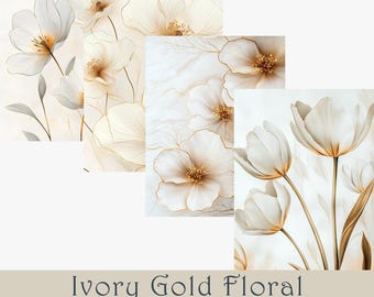Ivory Bloom Gold Touch Digital Paper Set – Elegant Floral Backgrounds. Printable Romantic Floral Texture,  Scrapbook Paper, Wedding Decor.