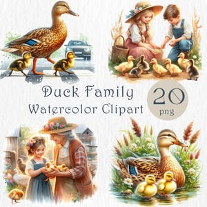 Clipart de familia de patos – 20 PNG. Ilustraciones de patitos y patos adorables: mamás pato, abuelas, niños – Arte de animales de granja en acuarela