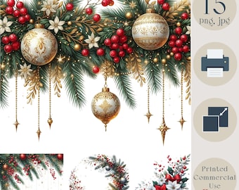 Christmas Ornament Decoration Clipart. Digital Wreaths, Borders, Corners. 15 png Festive Cliparts for Crafts, Invitations, Cards, DIY