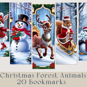 Può includere: Set di 20 segnalibri di Natale con animali della foresta. I segnalibri sono illustrati con un pupazzo di neve, una renna, uno scoiattolo, un pinguino e un coniglio. I segnalibri sono decorati con colori e motivi festivi.