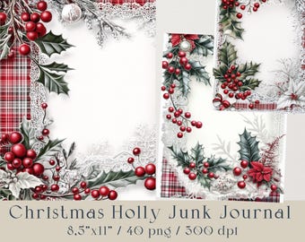 Christmas Holly Leaves Berries Printable Paper Kit, 40 png. Vintage Lace Borders, Scrapbooking, Junk Journal Ephemera, DIY, crafting, decor