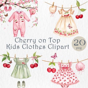 Puede incluir: Ilustración en acuarela de ropa infantil con temática de cerezas. La imagen incluye un pelele rosa, vestidos y un gorro, todos adornados con diseños de cerezas. También está presente el texto "Cherry on Top Kids Clothes Clipart".