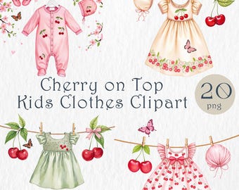 Cherry On Top. Kids Clothes Clipart Set. Sweet Berry Theme, First Cherry Berry Clothes. Cherry Design Favors, Scrapbook, Cards Invitation