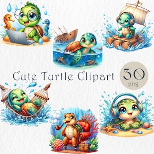 Clipart de tortuga linda. Adorable tortuga marina PNG. Arte infantil de animales marinos. Descarga digital de tortuga bebé. Ilustración de tortuga kawaii. Tarjetas DIY.