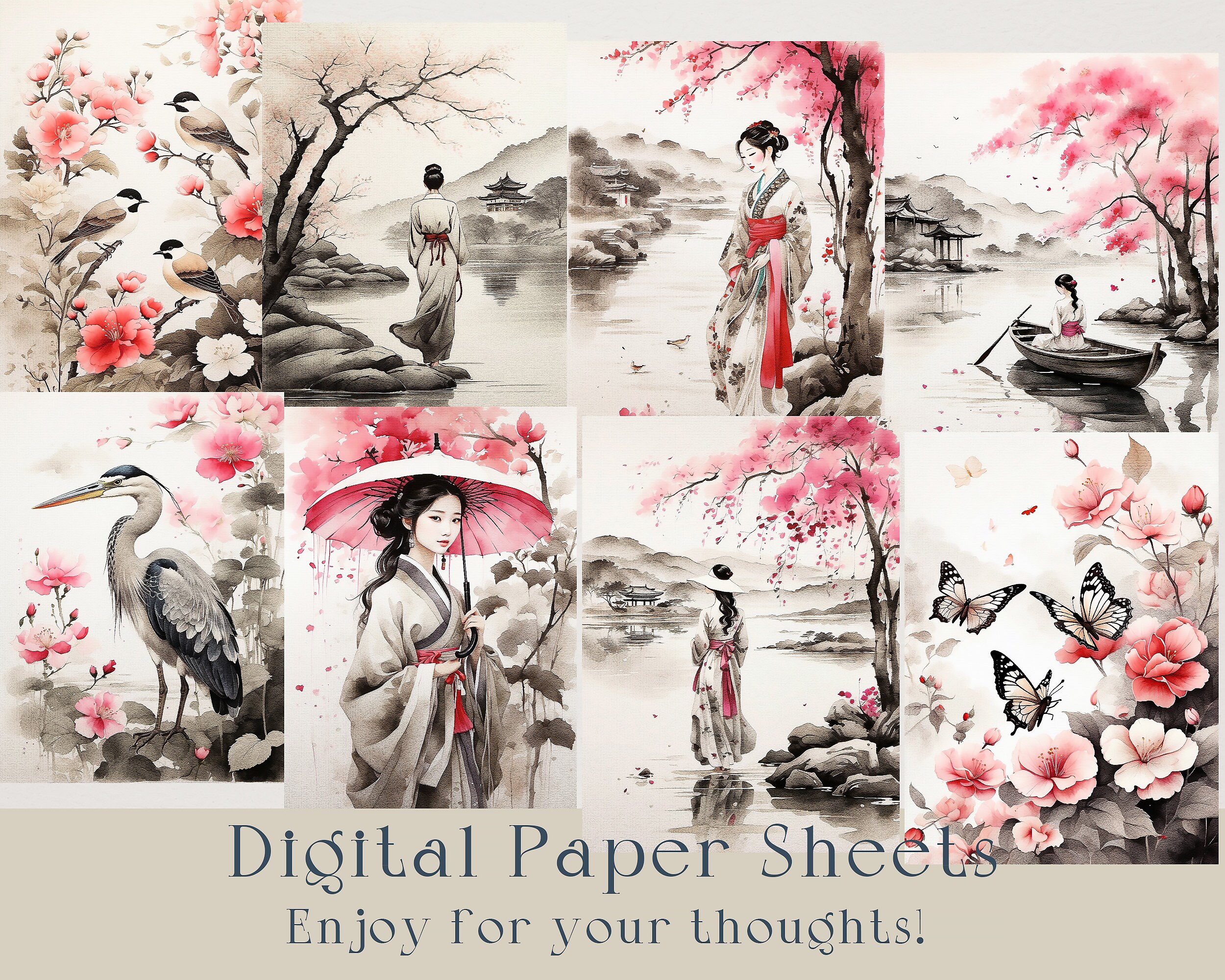 Sakura Flowers Junk Journal Paper Bundle, Set of 40, Paper