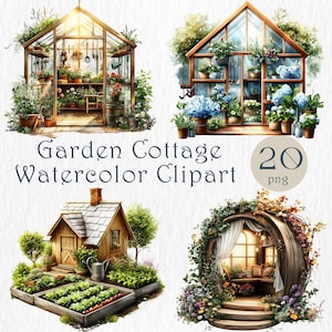 Conjunto de clipart de chalé de jardim de verão. Ilustrações de estufa floral em aquarela, gazebo e galpão para convite, artesanato, sublimação e mídias sociais.