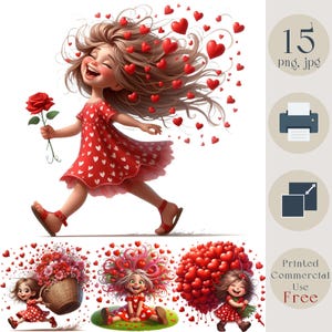 Skurrile süße lustige Mädchen Clipart mit Herzen, Valentinstag digitale Kunst, druckbare Liebe Illustration, wunderliches Charakter Design zum Basteln