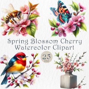 Clipart de flores de cerezo de primavera. Acuarela floral 25 PNG. Flores de sakura, mariposas, pájaros. Descarga digital para sublimación y scrapbooking