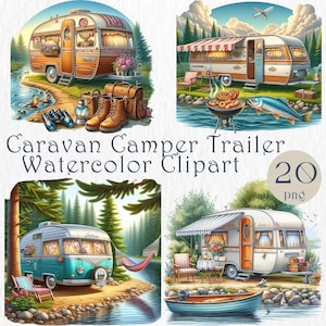 Watercolor Camper Trailer Clipart. Cozy Vintage Caravan 20 PNG. Camping Sublimation Graphics for Travel Crafts, Cards & DIY Projects