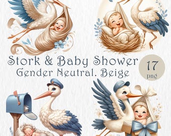 Stork and Baby Shower Clipart Bundle. Gender Neutral Beige Design. Cute Watercolor Newborn Illustrations, Baby Arrival Delivery Set