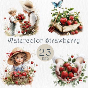 Ensemble de cliparts à l'aquarelle aux fraises. Fruits floraux d'été, PNG avec scène de jardin pour enfants et famille. Sublimation, fabrication de cartes DIY, décoration de ferme.