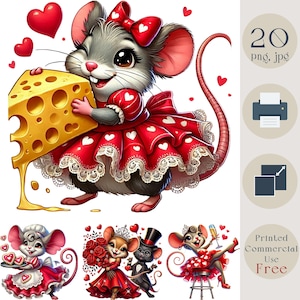 Quirky Cute Mouse Clipart. Cute Mice with Cheese, Cookies, Champagne, Roses. Perfect for DIY card making, Crafts & Digital Designs