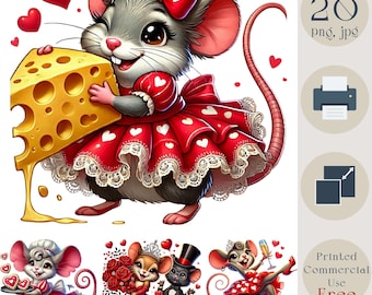 Quirky Cute Mouse Clipart. Cute Mice with Cheese, Cookies, Champagne, Roses. Perfect for DIY card making, Crafts & Digital Designs