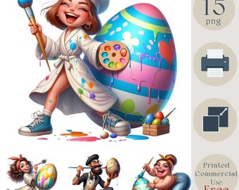 Quirky Easter Eggs Painter Clipart. Fun Digital Illustrations of Easter Egg Painters. Cute Cartoon Artist Characters for Print & Design, DIY