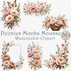 Watercolor Peonies Clipart Set, 30 PNG Mocha Mousse Flowers, Faded Florals, Neutral Botanical Elements. DIY Card Make, Scrapbook, Invitation