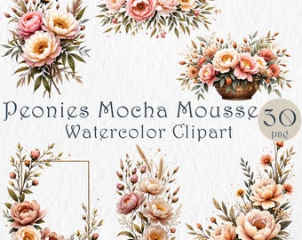 Watercolor Peonies Clipart Set, 30 PNG Mocha Mousse Flowers, Faded Florals, Neutral Botanical Elements. DIY Card Make, Scrapbook, Invitation