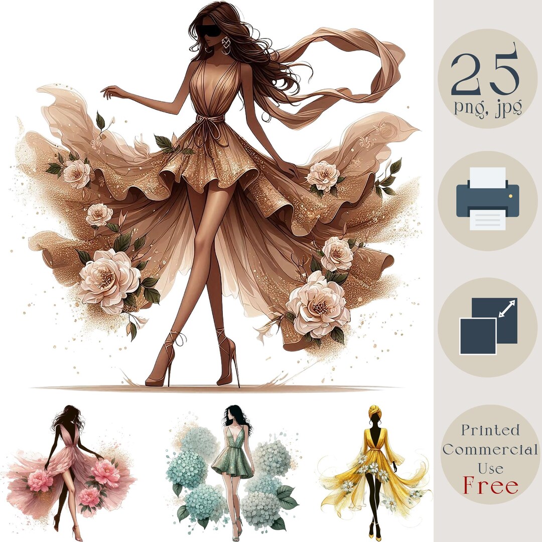Cute Floral Fashion Girl Clipart. Stylish Woman Art. Feminine Digital ...