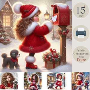 Clipart de niña navideña. Carta a Papá Noel, paquete de 15 páginas de diario basura de alta calidad en formato jpg. Escena invernal acogedora, niña con cachorro. Álbum de recortes, manualidades