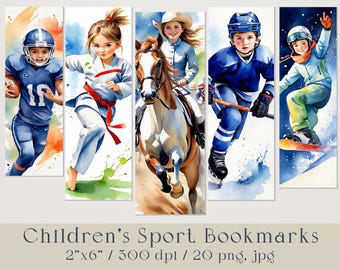 Kids Sports Watercolor Printable Bookmarks. Watercolor Design of Sports for Children.Bookish accessories, book lovers gift, Digital Download