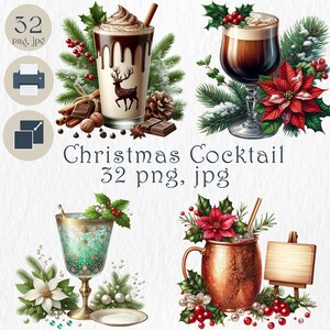 32 druckbare Weihnachts-Cocktails Clipart-Bundle - Weihnachtspunsch, Eierpunsch, Pfefferminz-Martini & mehr - Feiertags-Bar-Menü Kunst, Handwerk, Scrapbook