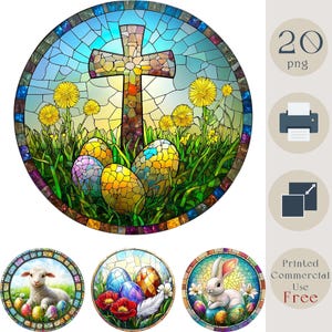 May include: Circular stained glass design featuring a cross, Easter eggs, and dandelions in a field. The artwork has a colorful mosaic style with a blue sky background. Additional circular designs with a lamb, eggs, and a rabbit are also shown.