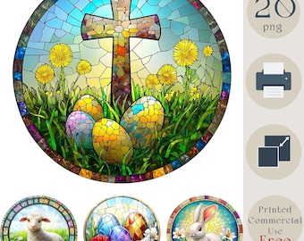 Easter Stained Glass Clipart Bundle. Round Christian & Bunny Digital Art. 20 PNG Files for Sublimation, Crafts, Stickers, DIY Cards, Journal