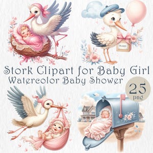 Stork Clipart for Baby Girl. Watercolor Baby Shower PNG Set. Cute Pink Newborn Clip Art. It’s a Girl Illustrations for DIY & Invitations