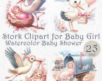Stork Clipart for Baby Girl. Watercolor Baby Shower PNG Set. Cute Pink Newborn Clip Art. It’s a Girl Illustrations for DIY & Invitations