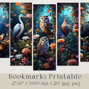 Fantasy Forest Birds Prirntable Bookmarks. Digital instant download, book lovers gift bookmarks floral birds design set, scrap, sublimation