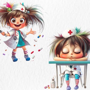 K&ouml;nnte beinhalten: Zwei Comic-Krankenschwestern, eine mit einer Spritze und die andere schlafend an einem Schreibtisch. Beide tragen wei&szlig;e Kittel mit roten Kreuzen und haben buntes Haar.