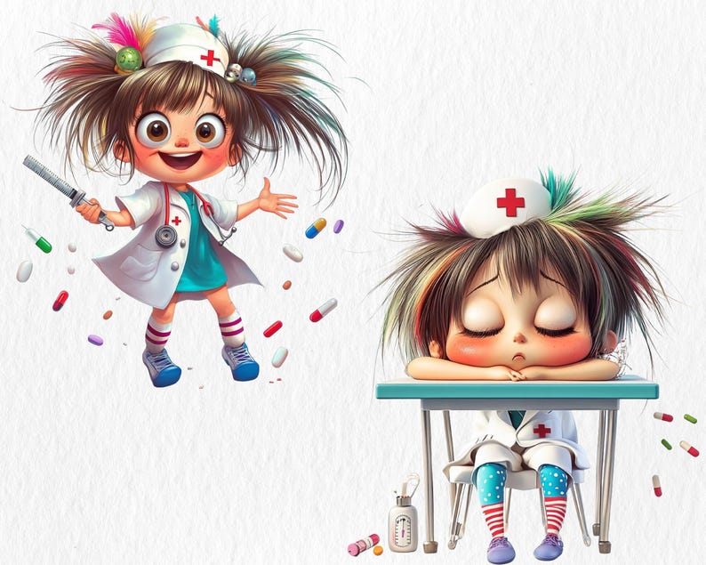 K&ouml;nnte beinhalten: Zwei Comic-Krankenschwestern, eine mit einer Spritze und die andere schlafend an einem Schreibtisch. Beide tragen wei&szlig;e Kittel mit roten Kreuzen und haben buntes Haar.
