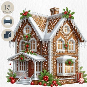 Lebkuchen Haus Clipart. Hohe Qualität 15 PNG, JPG, Digital Download, DIY Weihnachtskartenherstellung, Papiermodelle, Sublimation, Scrapbooking