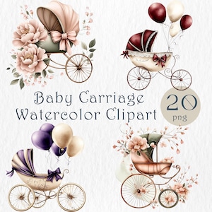 Aquarel kinderwagen clipart. Vintage kinderwagenset. Babyshower, uitnodigingen, sublimatie, scrapbooking. DIY-wenskaarten. Genderneutraal