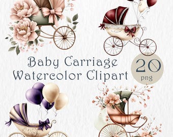 Watercolor Baby Carriage Clipart. Vintage Pram Set. Baby Shower, Invitations, Sublimation, Scrapbooking. DIY Greeting Cards. Gender Neutral