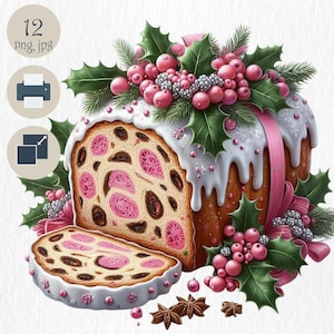 Puede incluir: Un pastel navideño festivo decorado con glaseado blanco, chispas rosas y blancas y una rama de acebo con bayas rojas. El pastel está cortado para revelar un interior rosa y marrón.