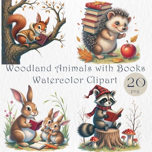 Woodland Animals with Books Clipart. Watercolor Forest Animal PNG. Cute Hedgehog Bunny Raccoon Squirrel Reading Book Illustration. DIY Cards