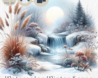 Watercolor Winter Scene 20 Cliparts. Art Print - Boho Christmas Wall Decor with Snowy Landscapes, Cozy Cottage Vibes, Holiday Home Decor