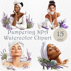 Clipart spa lavande. Illustrations aquarelles d'entretiens personnels. PNG relaxantes pour femmes au spa. Aromathérapie, vie saine, respect de l'environnement. Utilisation commerciale