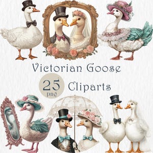 Conjunto de imágenes prediseñadas de gansos victorianos. Gansos elegantes con sombreros y gorros. Pájaros románticos para bodas. PNG de animales vintage para decoración. Invitaciones y tarjetas DIY.