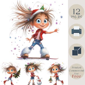 Kit de clipart de menina de Natal peculiar. Decoração digital divertida de ano novo, ideia fofa de presente de feriado, menina de Natal caprichosa, álbum de recortes, criação de cartões DIY