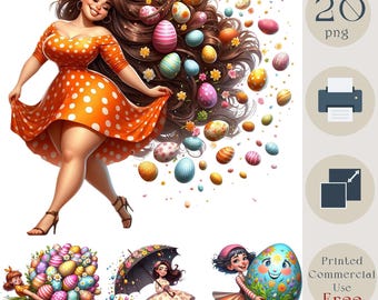 Quirky Easter Girl Clipart Bundle. Cute Easter Girl Illustrations. Fun Spring Digital Art. 20 PNG Cliparts for Sublimation, Crafts, DIY gift