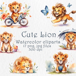 Cute Little Lion, cliparts gráficos em aquarela para impressão. Belo design de leão, ilustração fofa, download digital, arquivos 17png. Animais fofos