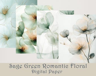 Sage Green Floral Digital Paper, Romantic Watercolor Flowers Background, 20 JPG, Green Printable Paper, Scrapbook, Elegant Backgrounds