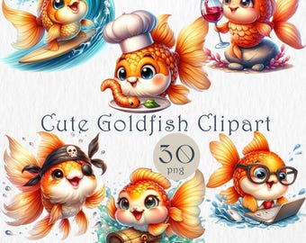 Cute Goldfish Clipart. Whimsical Cartoon Fish PNG. Kawaii Goldfish Digital Download. Underwater Sea Creatures. Sublimation, Commercial Use