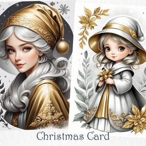 Christmas Mrs. Santa Card Clipart. 12 jpg Elegant Mrs. Santa Christmas Greeting Cards. Gold and White Design Perfect for Festive Celebration