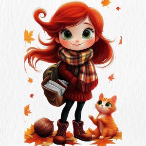 Ensemble de cliparts automne jolie fille. Jolie fille rousse, illustrations d'automne avec chat, châtaigne, thème scolaire. DIY Fabrication de cartes, travaux manuels, scrapbooking