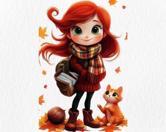 Herbst-süßes Mädchen Clipart-Set. Süßes Rothaariges Mädchen, Herbst Illustrationen, Katze, Kastanie, Schule. DIY Karten machen, Kunsthandwerk, Scrapbook