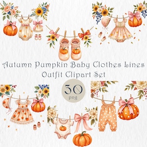 Op de afbeelding: Watercolor clipart set met babykleding, schoenen en pompoenen die aan een waslijn hangen. De outfits omvatten jurken, een romper en een onesie, allemaal versierd met herfstthema-ontwerpen. De tekst luidt "Autumn Pumpkin Baby Clothes Lines Outfit Clipart Set".