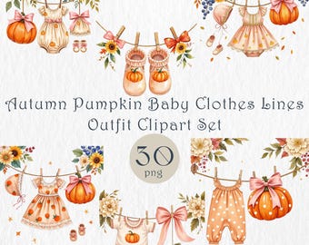 Herfst pompoen babywaslijn clipart set – herfst baby outfit png, babyshower aquarel kleding illustraties, herfst baby meisje clipart bundel