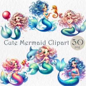 Süßes Meerjungfrau Clipart Bundle. Unterwasser Geburtstag Grafiken. Digitale Ozean Illustrationen. Meeresbewohner, Korallen, Luftballons, Einladung, DIY Karte